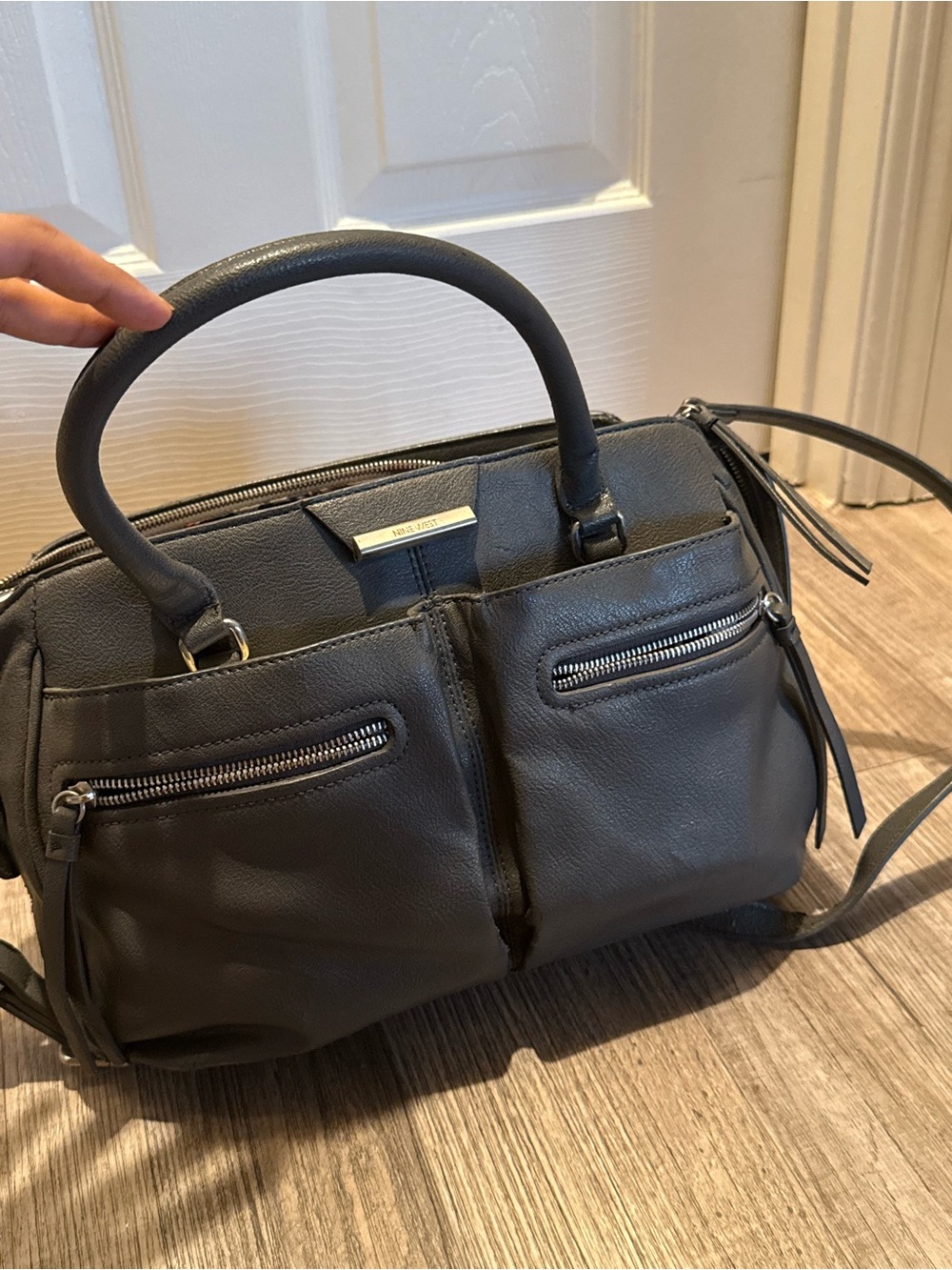 Grey Real Leather Satchel Handbag with Dual Front Zips